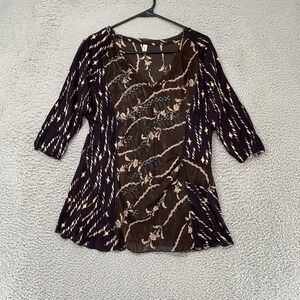 Tiny Y2K‎ Fairy Top Womens Large Brown Embroidered Floral Boho 3/4 Sleeve Sheer